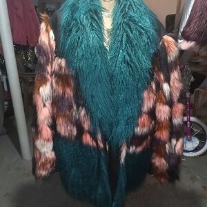 Fashion Nova Teal and Black Faux Fur Jacket